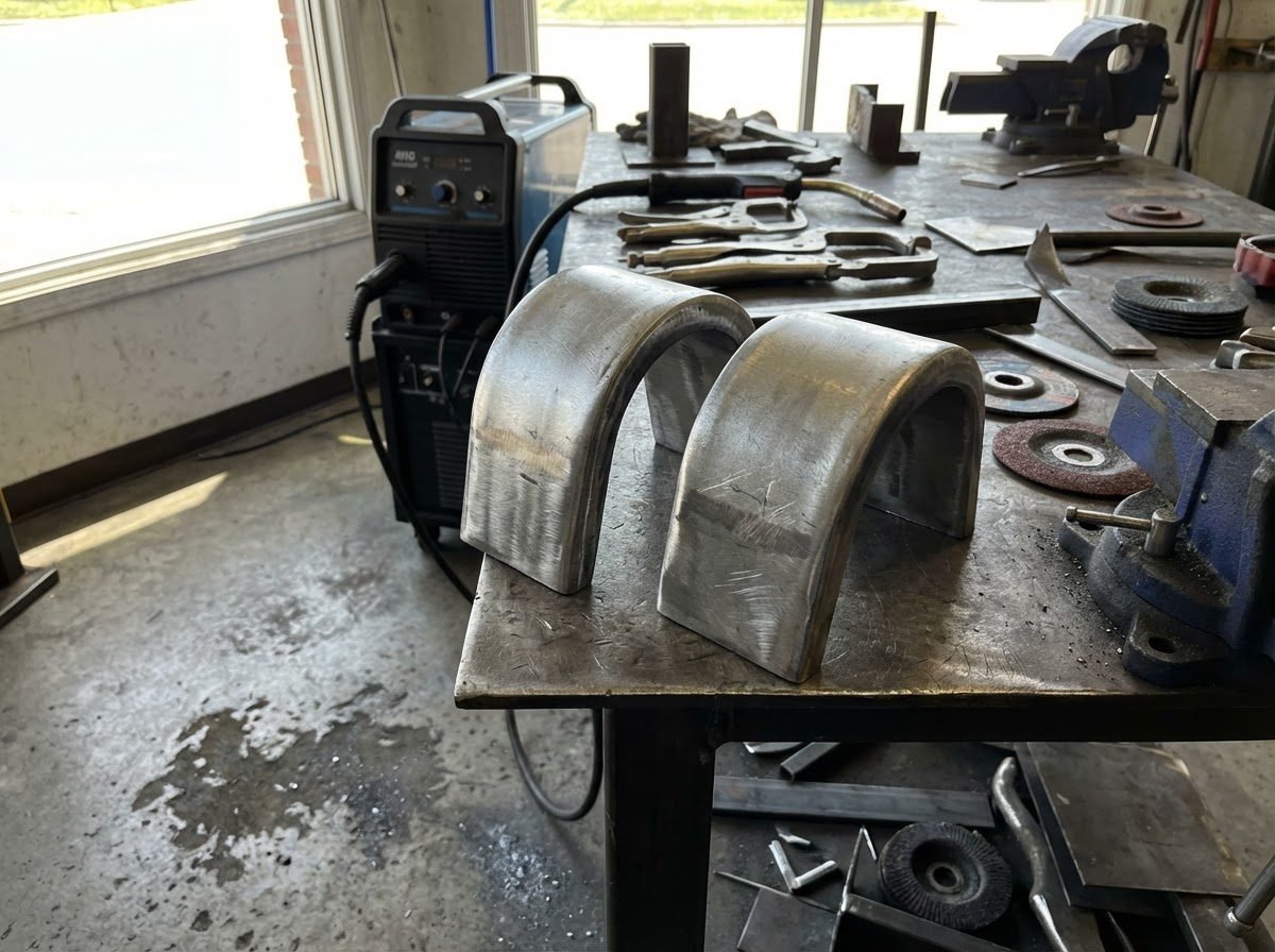 Two bent weld test specimens showing U-shaped 180-degree guided bend results on a welding workbench with MIG welder in background