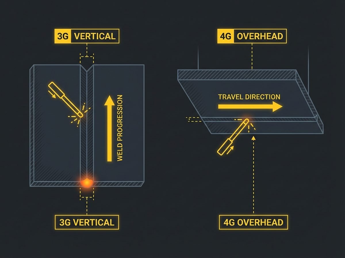 Technical diagram showing 3G vertical uphill welding position on left with weld progression arrow, and 4G overhead position on right with travel direction arrow, on dark background with yellow labels