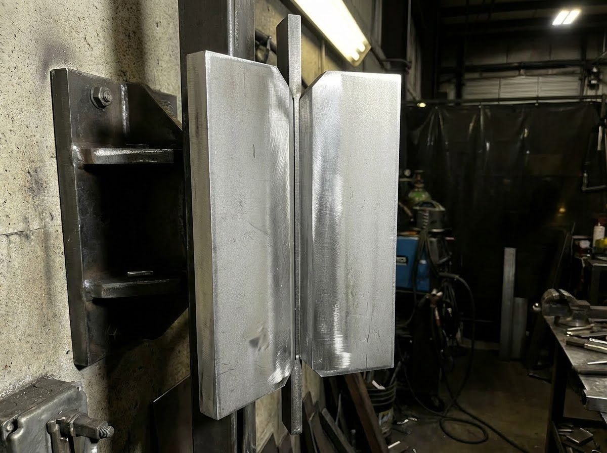 Two beveled steel test plates mounted vertically in a welding fixture showing the V-groove joint with 1/4 inch root opening ready for 3G vertical qualification welding