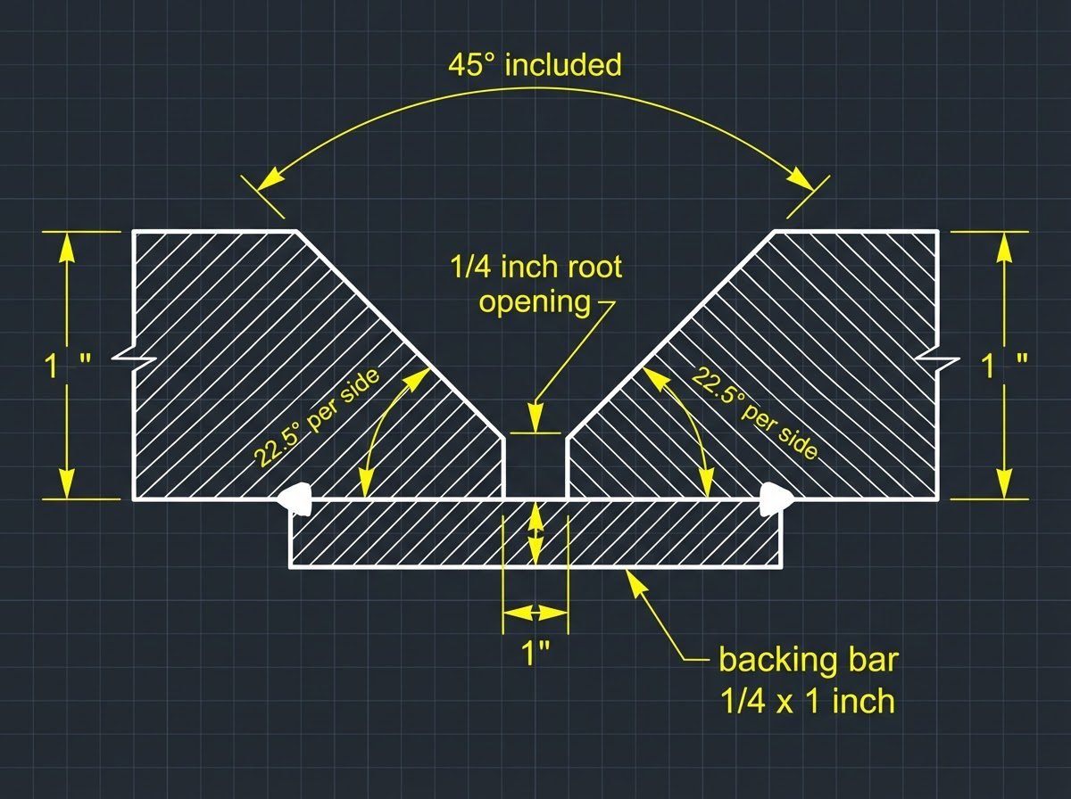 Blueprint-style cross-section diagram showing 45 degree included V-groove angle with 22.5 degrees per side, 1/4 inch root opening, 1 inch thick test plates, and 1/4 by 1 inch backing bar with yellow dimension callouts