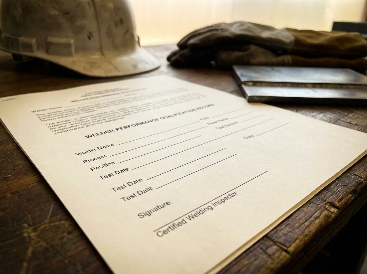 Official Welder Performance Qualification record document on desk showing welder name, process, position qualified, test date, bend test results, and AWS CWI signature — the document structural steel projects require