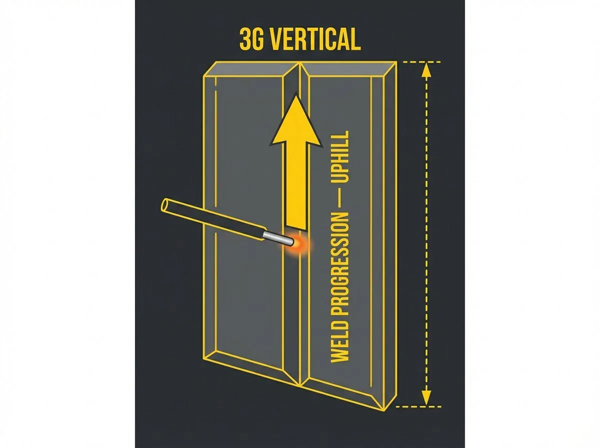 Technical illustration on dark background showing the 3G vertical plate welding position: two steel plates oriented vertically with V-groove joint running up and down, large upward yellow arrow labeled Weld Progression Uphill, stick electrode approaching from the left with orange arc glow at the joint, dashed dimension lines on the right, bold yellow 3G Vertical label at top