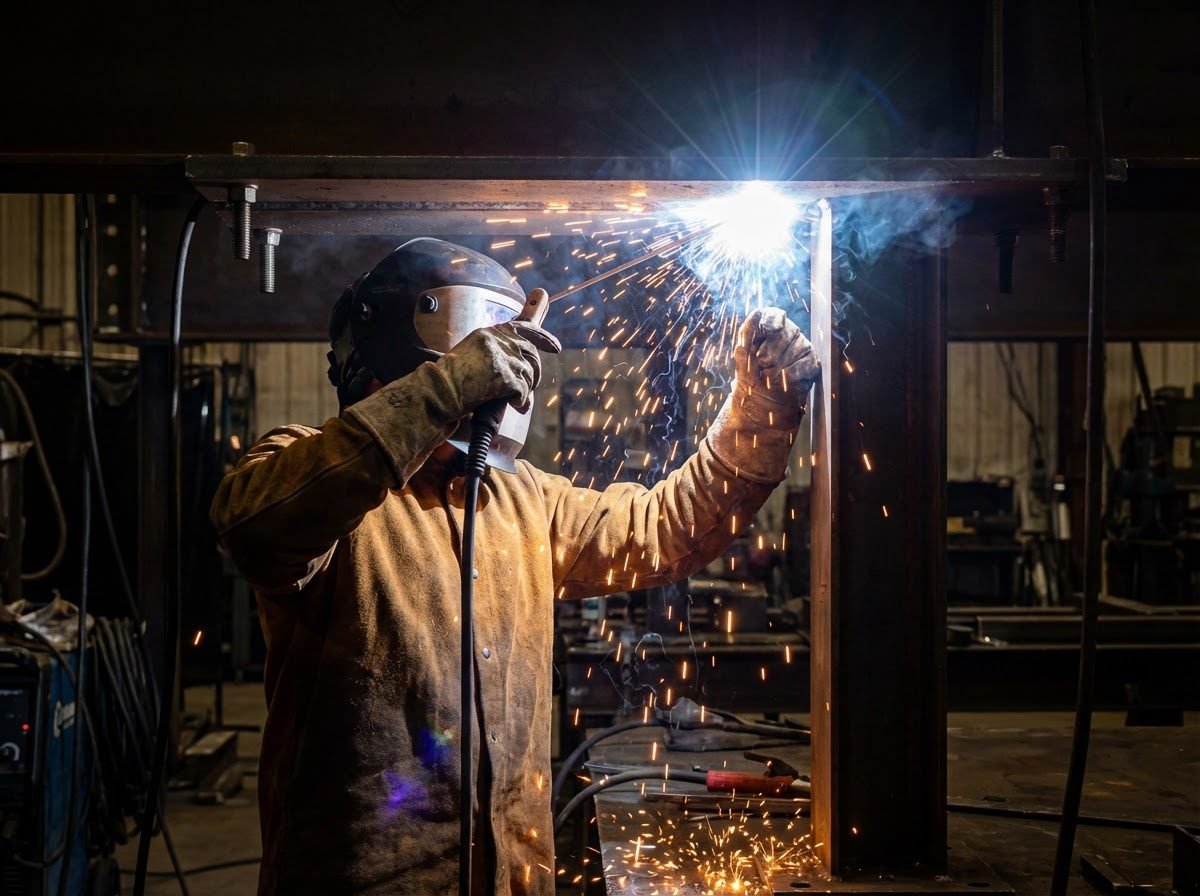 Professional welder in full leather PPE and welding helmet performing overhead groove weld with bright arc and sparks falling downward, plate positioned horizontally above in steel welding fixture