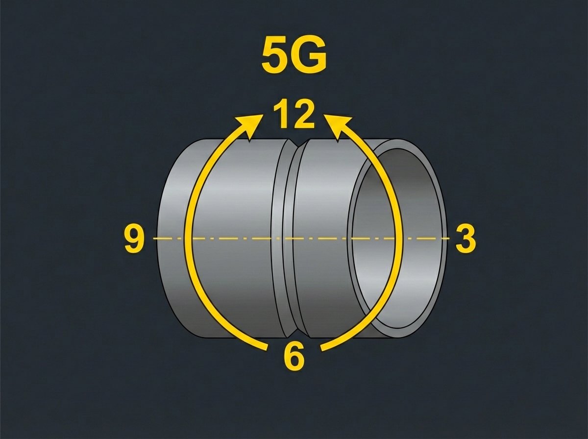 Technical diagram on dark background showing 5G pipe qualification position: round pipe coupon mounted horizontally with clock positions labeled around the circumference in yellow — 12 o'clock top, 6 o'clock bottom, 3 and 9 o'clock on sides. Two yellow curved arrows showing welder progression from 6 o'clock upward on each side to 12 o'clock. Pipe axis shown as horizontal with a horizontal dashed reference line. Bold yellow 5G label at top. Dark charcoal background.