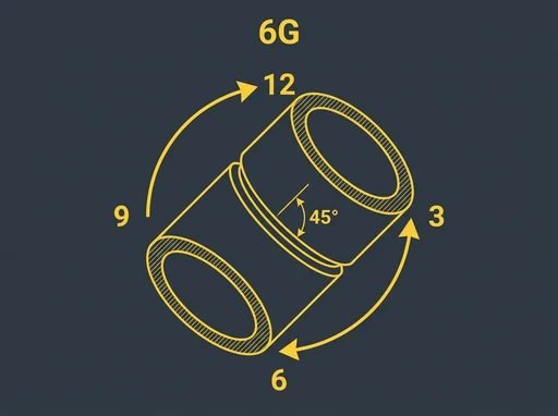 Technical diagram on dark background showing 6G pipe qualification position: round pipe coupon fixed at 45 degree angle on a stand, with clock positions labeled around the circumference (12 o'clock top, 6 o'clock bottom), yellow arrows showing welder progression from 6 o'clock up each side to 12 o'clock, bold yellow 6G label