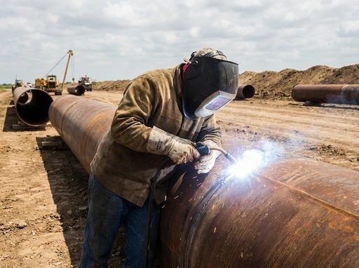 Pipeline welder in full PPE welding large diameter steel pipe outdoors during cross-country pipeline construction