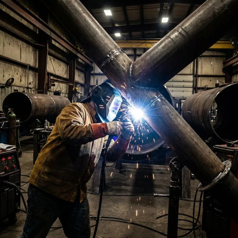 Welder in full leather PPE and welding helmet performing a large diameter pipe weld in an industrial pressure vessel fabrication shop, bright welding arc visible with sparks, large steel pipes and fabrication equipment visible in background