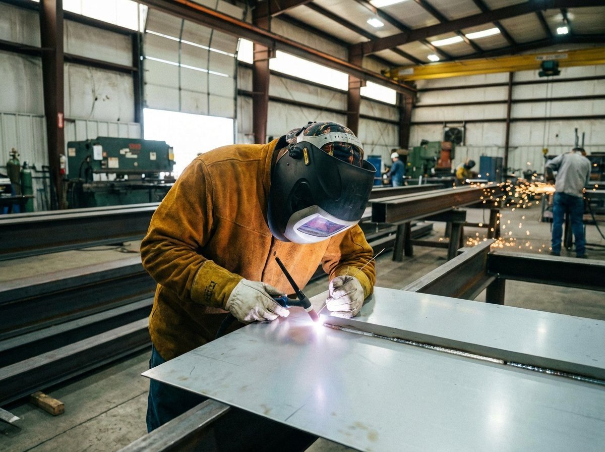 Welder performing structural weld on light gauge sheet metal in fabrication shop with overhead crane visible