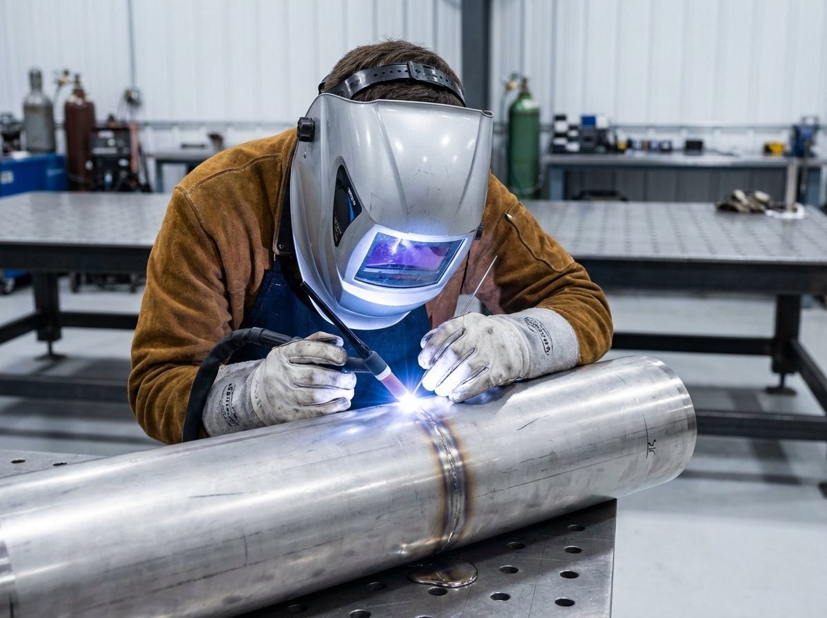 Welder in full PPE performing TIG weld on stainless steel pipe in clean industrial fabrication environment