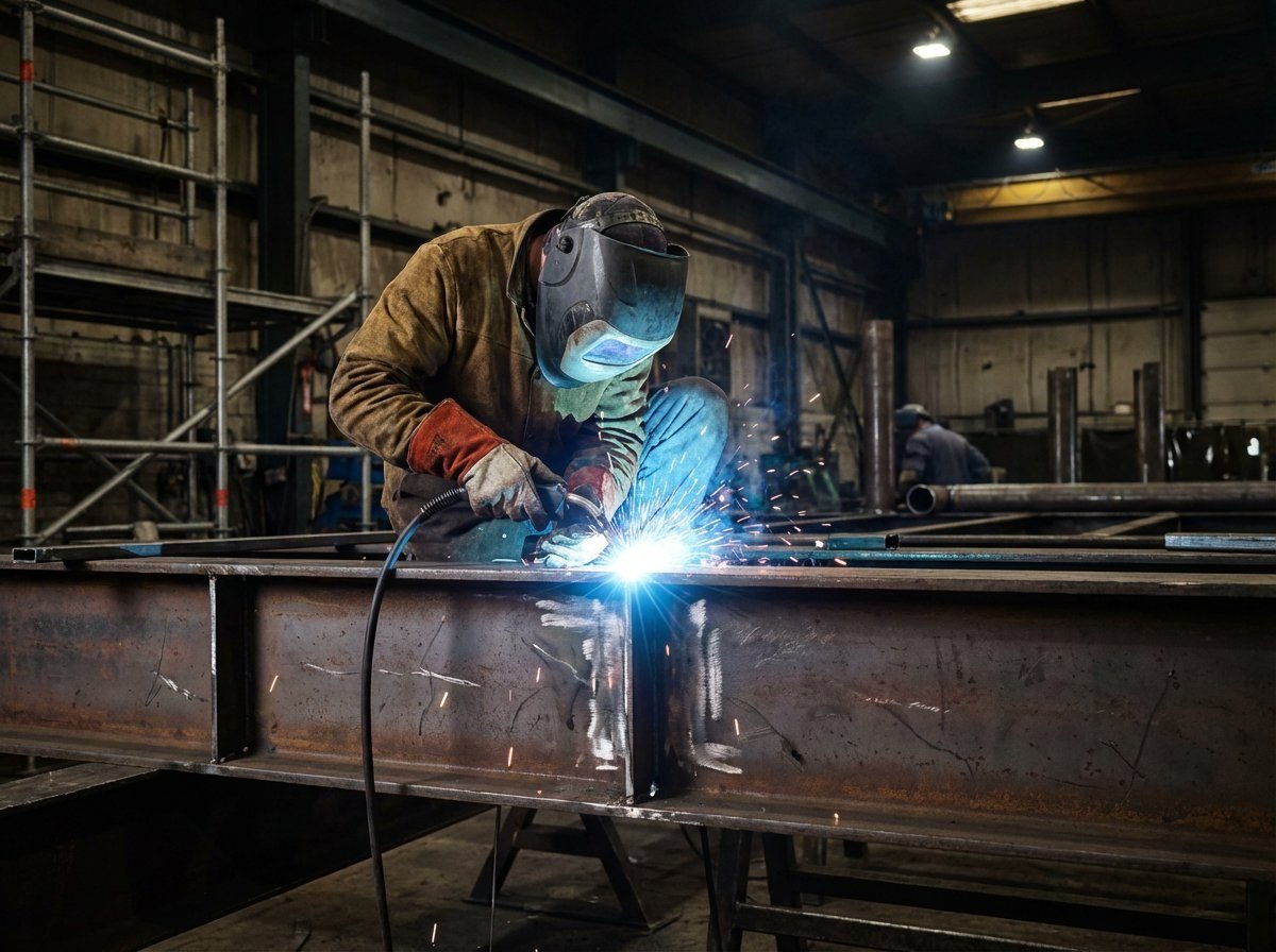 Welder in full PPE performing structural repair weld on existing steel beam in industrial fabrication environment with scaffolding visible