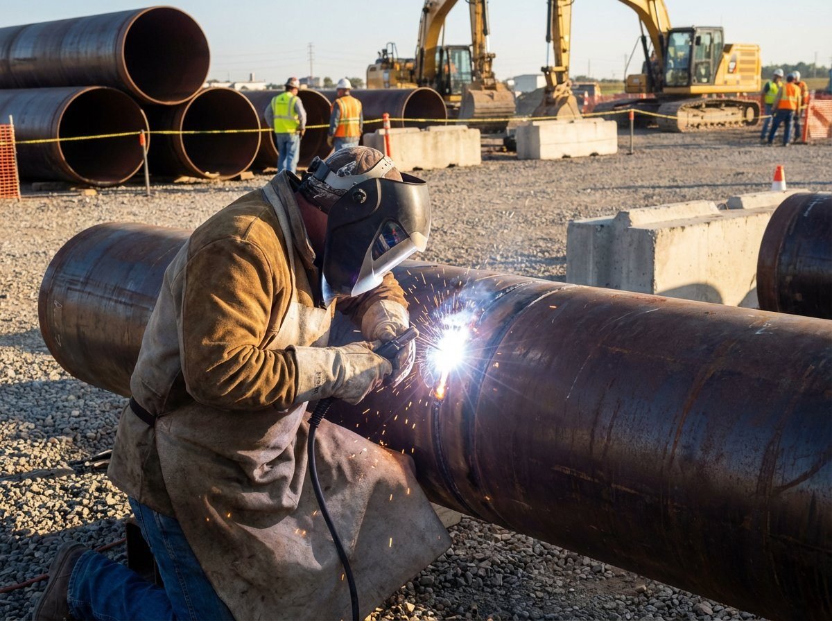 Welder in full PPE performing field weld on large diameter steel water main pipe at municipal infrastructure construction site