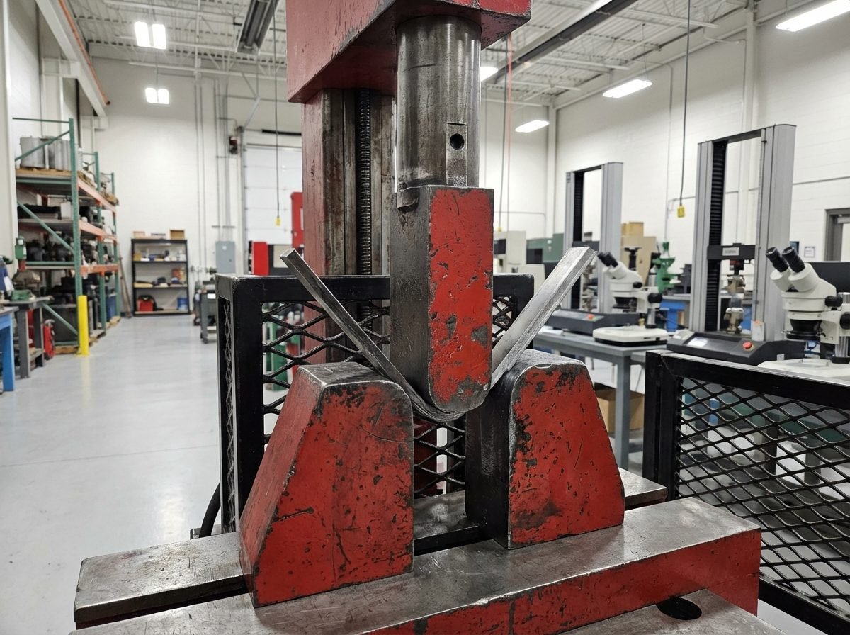 Industrial guided bend test machine in accredited laboratory gripping a steel weld specimen, showing the 180-degree bending process used to evaluate weld quality for AWS D1.1 welder performance qualification