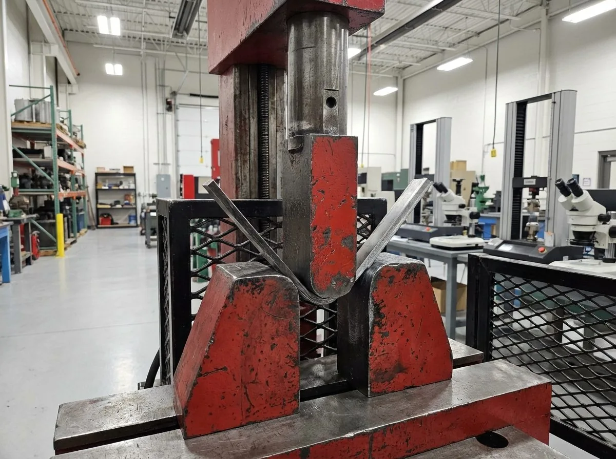 Industrial guided bend test machine in accredited laboratory gripping a steel weld specimen, showing the 180-degree bending process used to evaluate weld quality for AWS D1.1 welder performance qualification