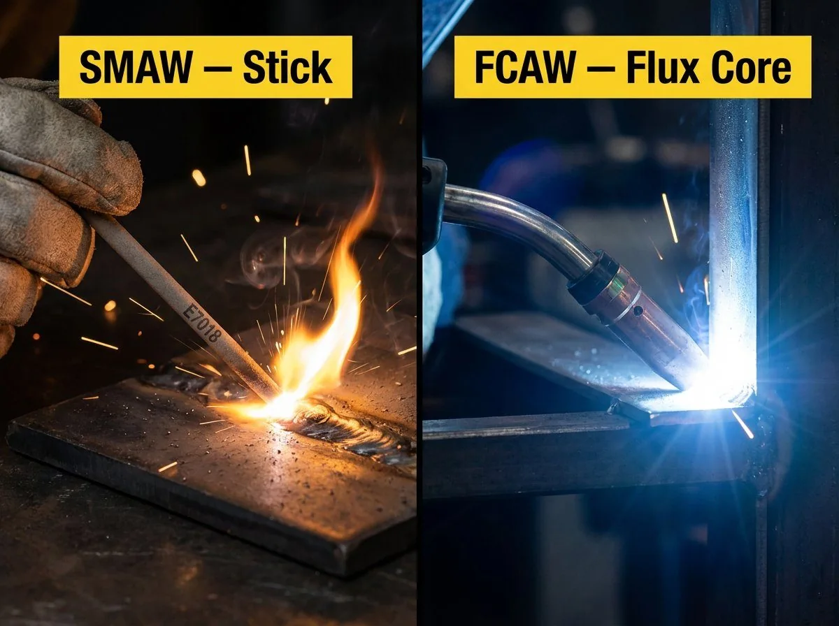 Side by side comparison showing SMAW stick welding electrode on left and FCAW flux-cored wire spool on right, representing the two most common processes for AWS D1.1 structural plate qualification testing
