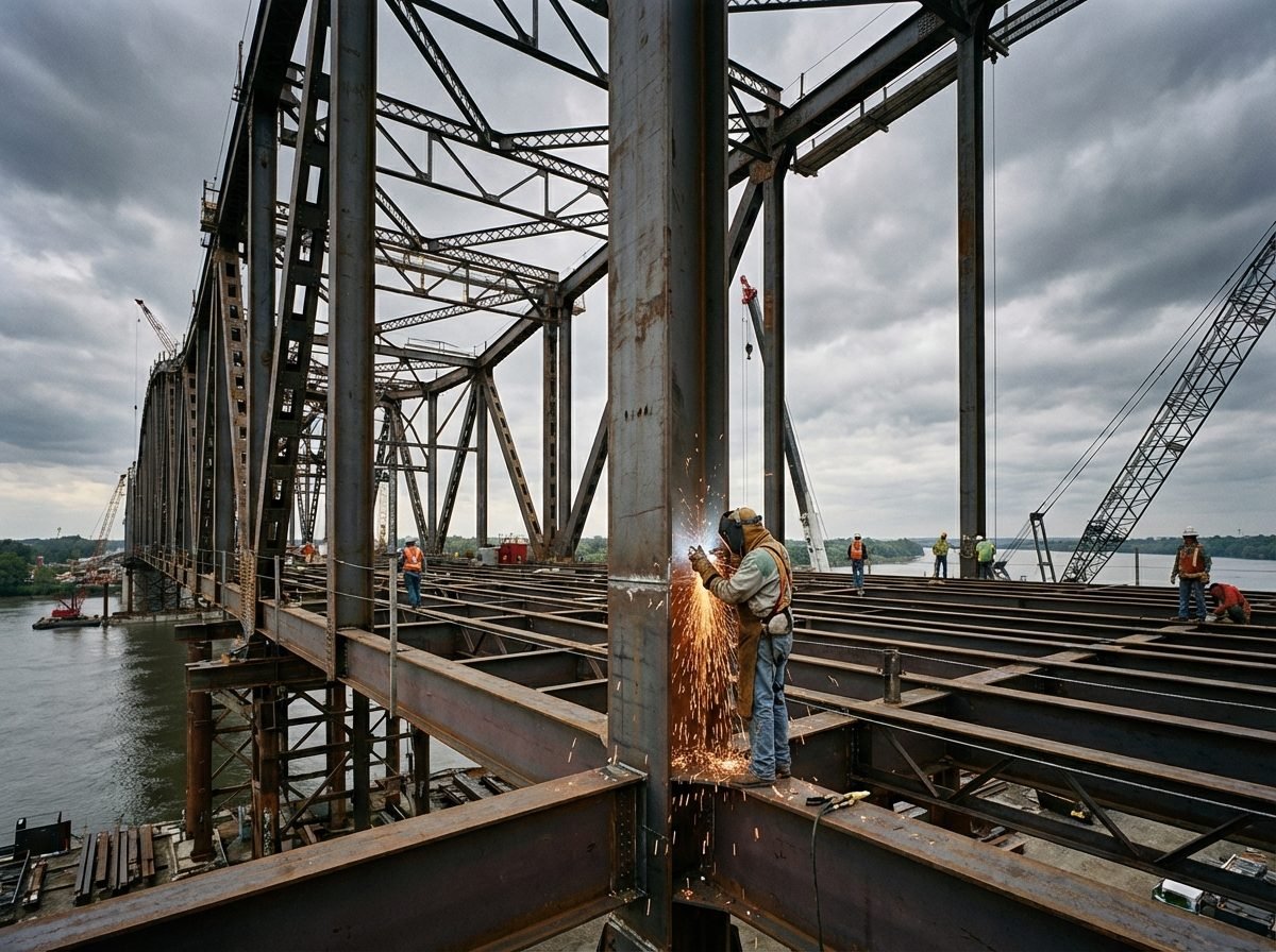 Wide angle view of structural steel construction site showing ironworkers and welders working on elevated steel framework with pipe connections, industrial sky background