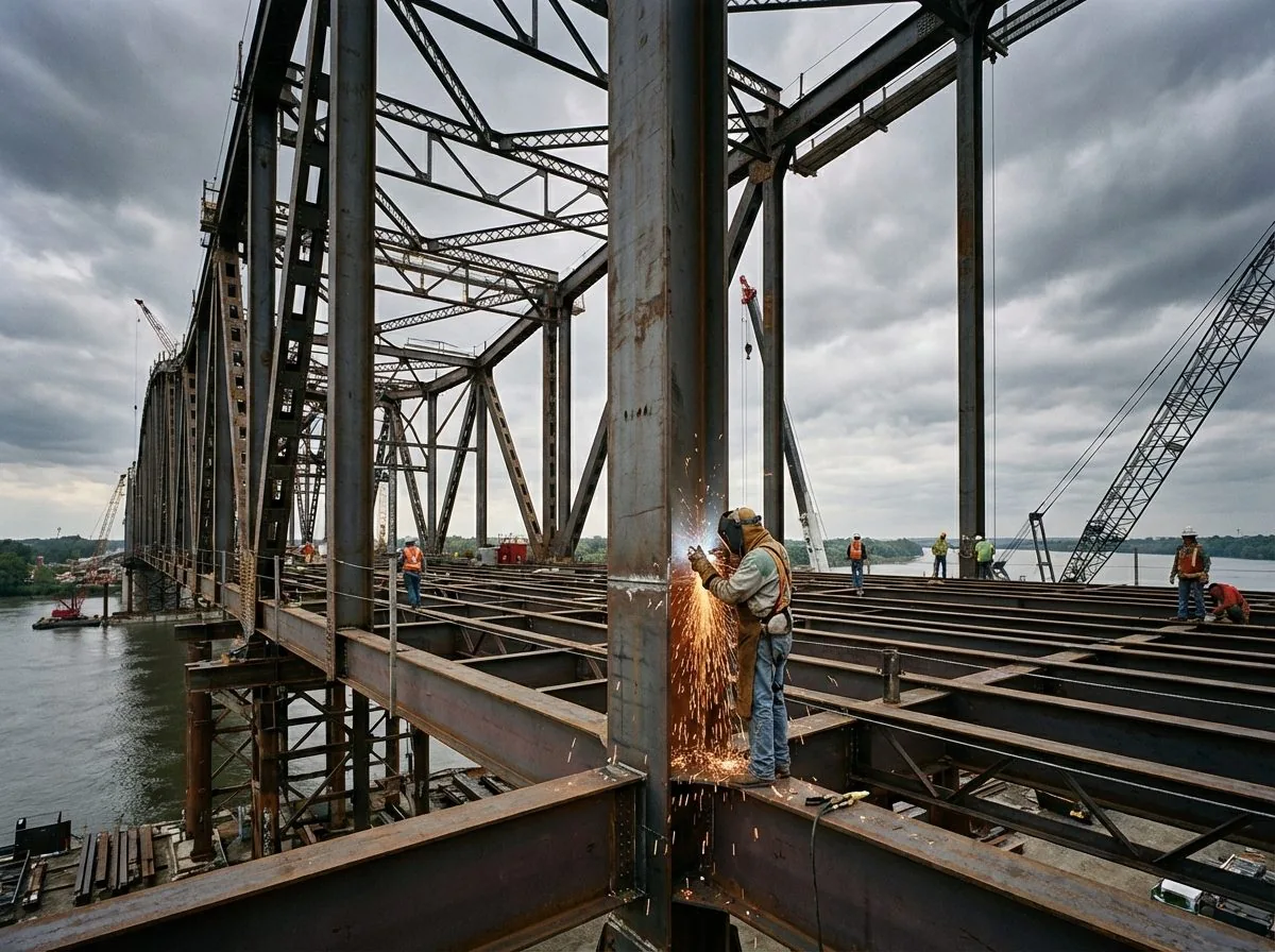 Ironworkers and welders on an elevated structural steel construction site with pipe connections, beam members, and overhead welding positions — the real-world environment AWS D1.1 qualifications are designed for